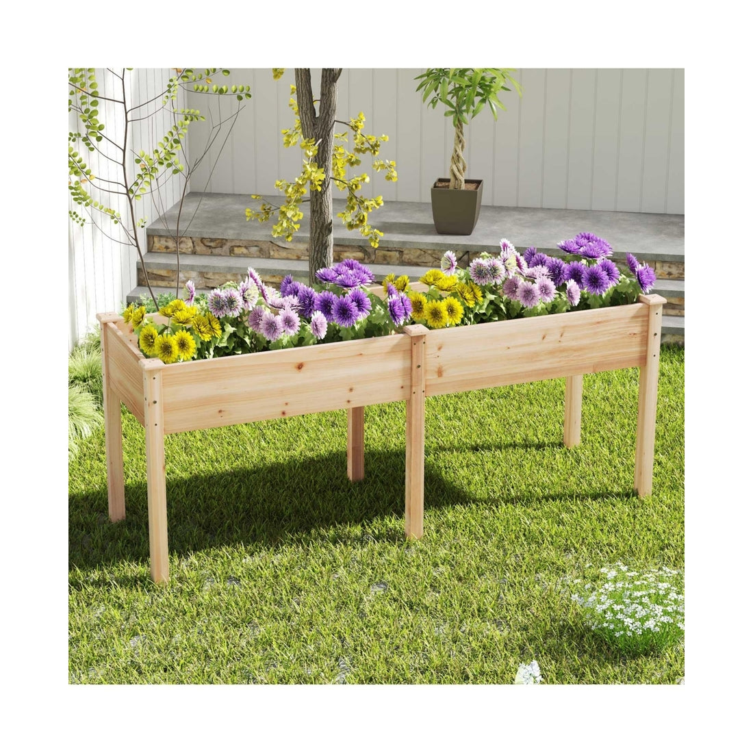 Slickblue Outdoor Raised Garden Bed with Divider Panel and Drainage Holes