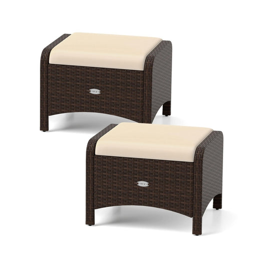 2 Pieces Outdoor Patio Pe Wicker Ottomans with Removable Cushions