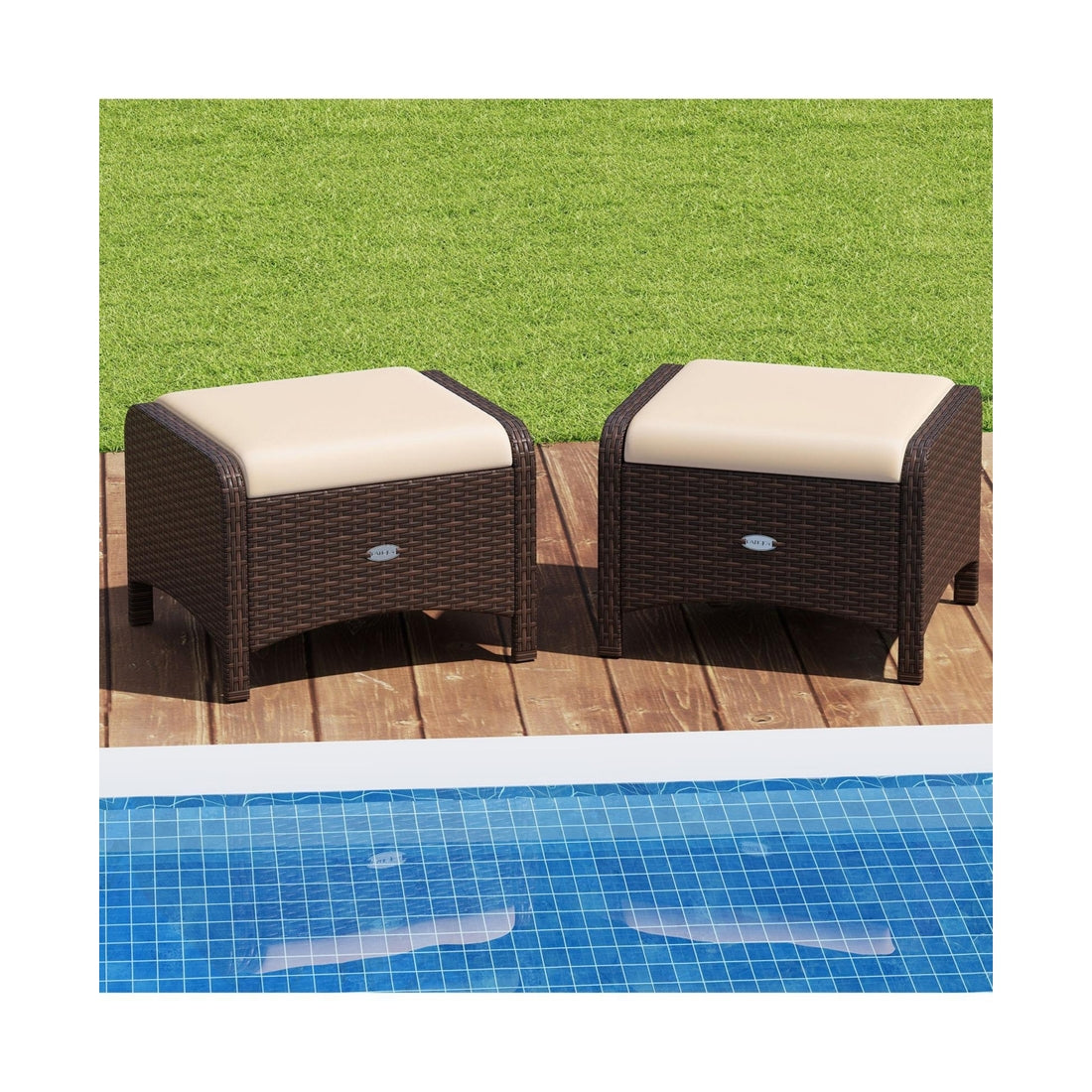 2 Pieces Outdoor Patio Pe Wicker Ottomans with Removable Cushions