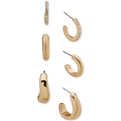 Anne Klein Gold-Tone 3-Pc. Set Crystal, Textured, & Puffy Small Hoop Earrings