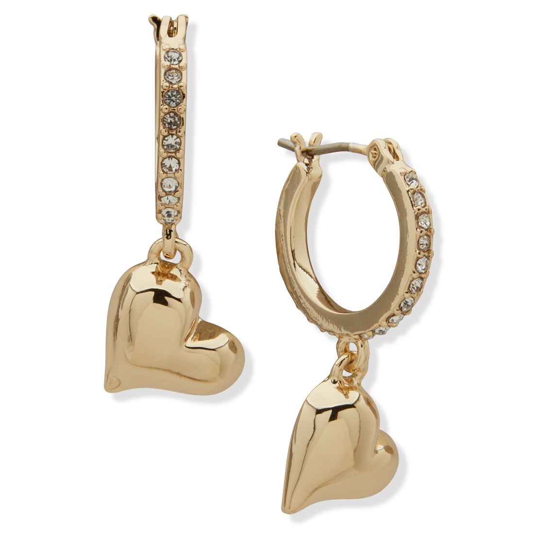 Dkny Gold-Tone Crystal Puffy Heart Drop Hoop Earrings