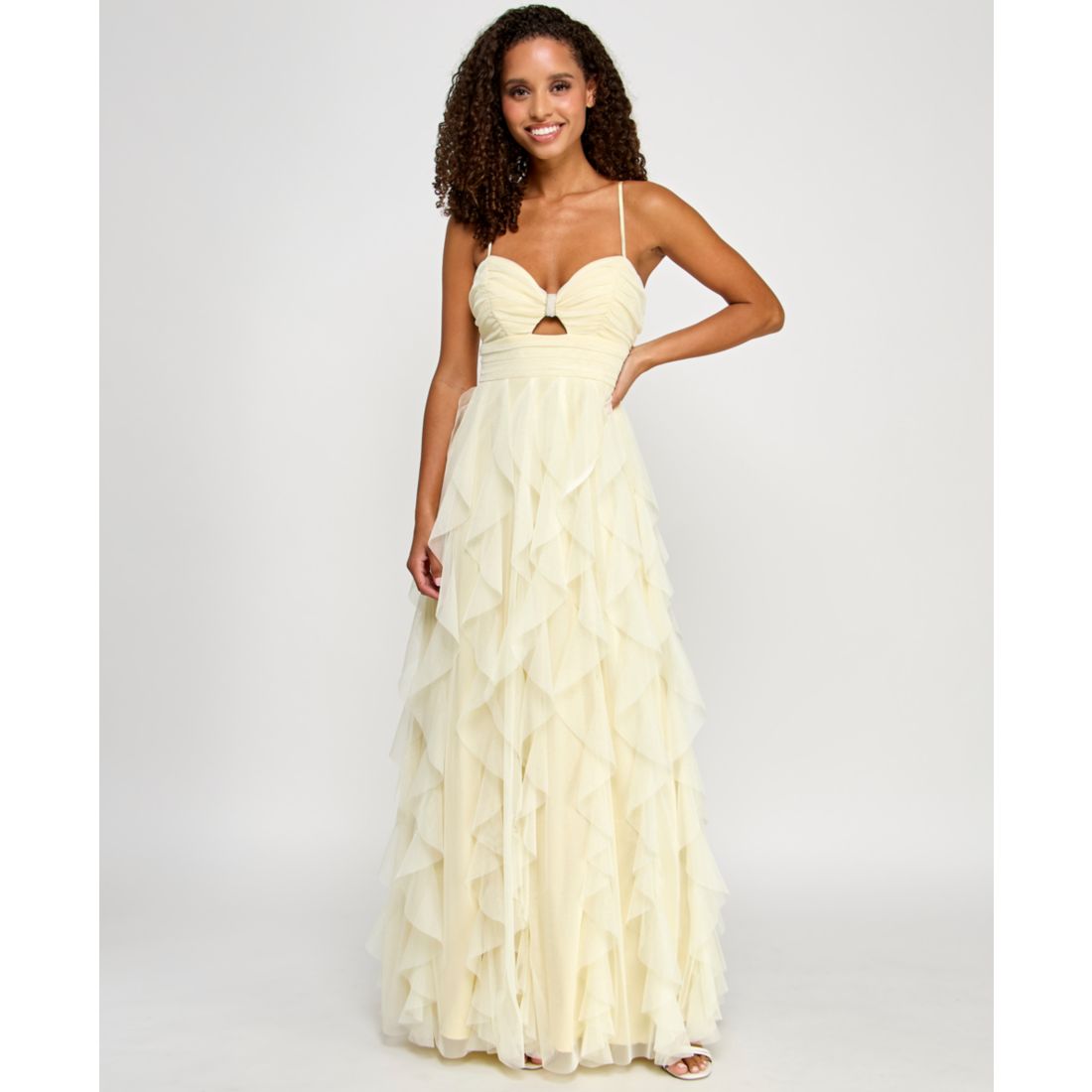 pear culture Juniors' Strappy Mesh Petal Ball Gown