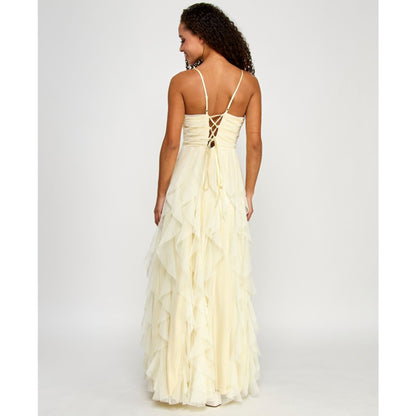 pear culture Juniors' Strappy Mesh Petal Ball Gown