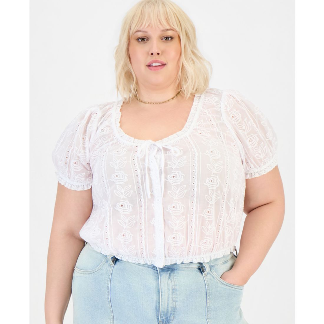 And Now This Plus Size Cotton Embroidered Cropped Blouse, Macy's Exclusive
