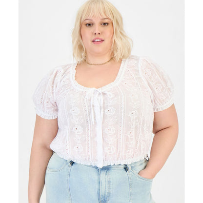 And Now This Plus Size Cotton Embroidered Cropped Blouse, Macy's Exclusive