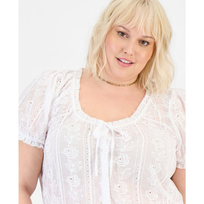 And Now This Plus Size Cotton Embroidered Cropped Blouse, Macy's Exclusive