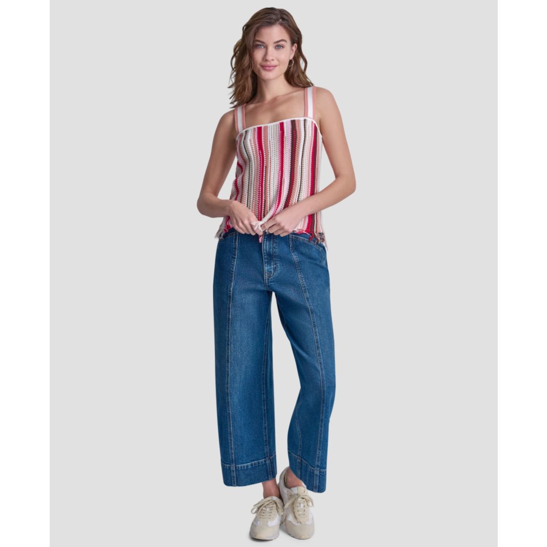 Dkny Jeans Petite Pointelle Stitch Striped Sleeveless Bandeau Tank Top