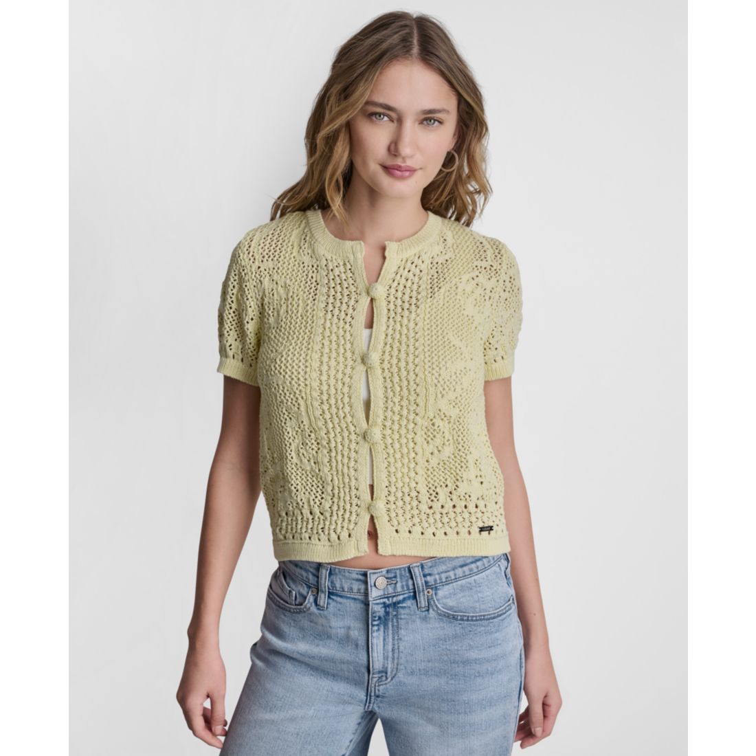 Dkny Jeans Petite Short-Sleeve Crew Neck Cardigan Sweater