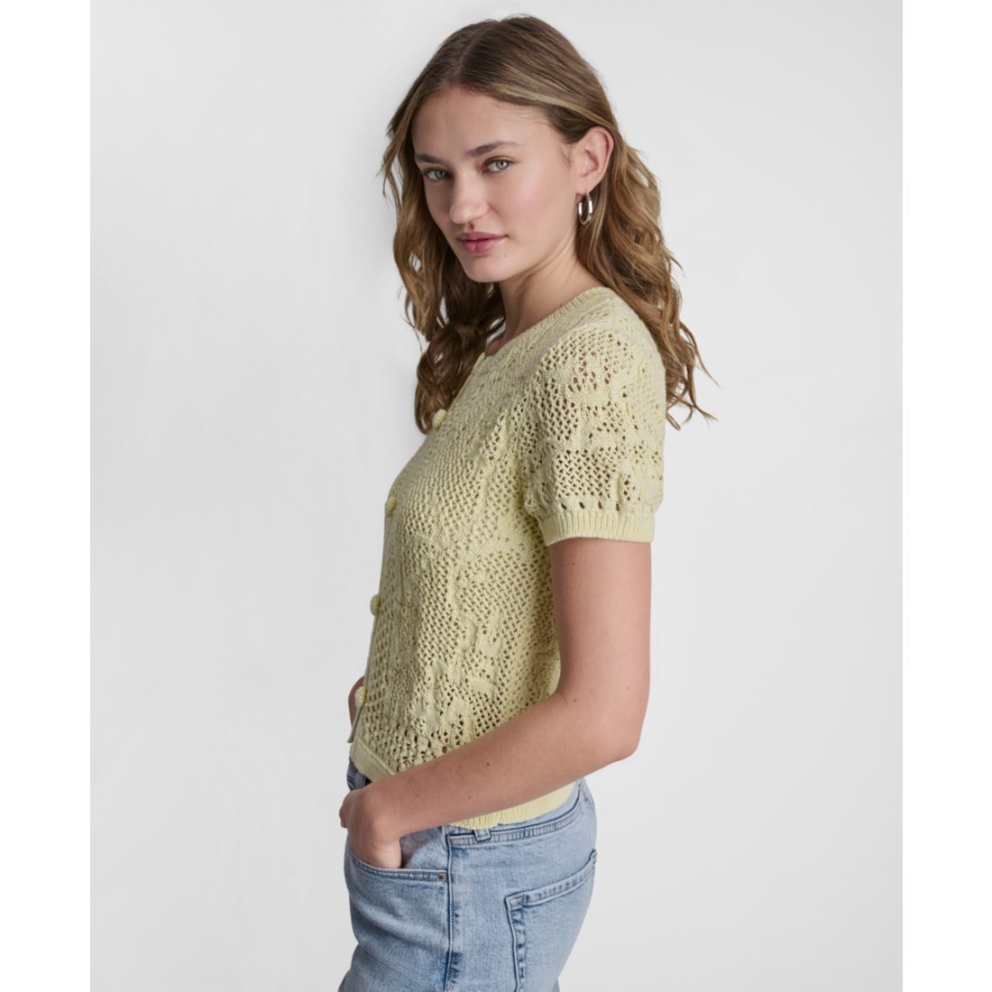 Dkny Jeans Petite Short-Sleeve Crew Neck Cardigan Sweater
