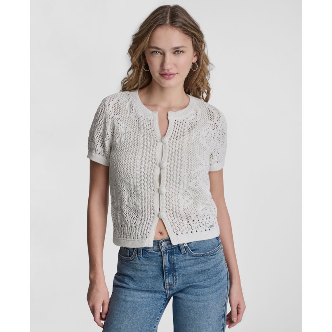 Dkny Jeans Petite Short-Sleeve Crew Neck Cardigan Sweater