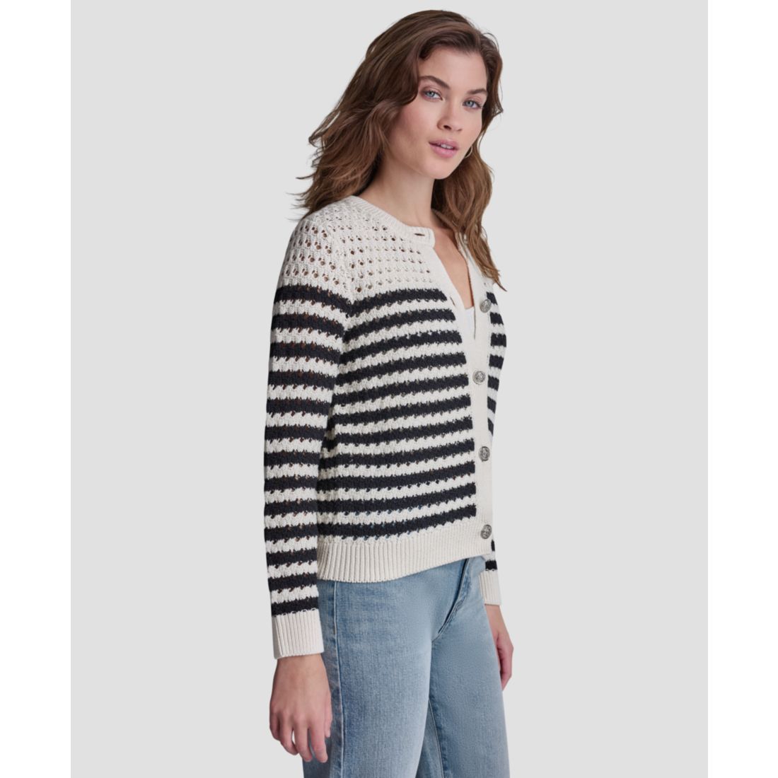 Dkny Jeans Petite Long-Sleeve Stripe Pointelle Stitch Cardigan