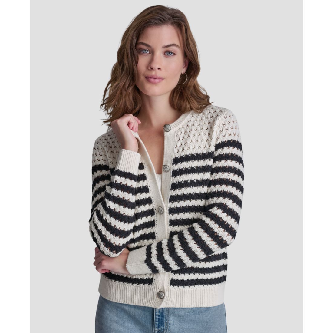 Dkny Jeans Petite Long-Sleeve Stripe Pointelle Stitch Cardigan