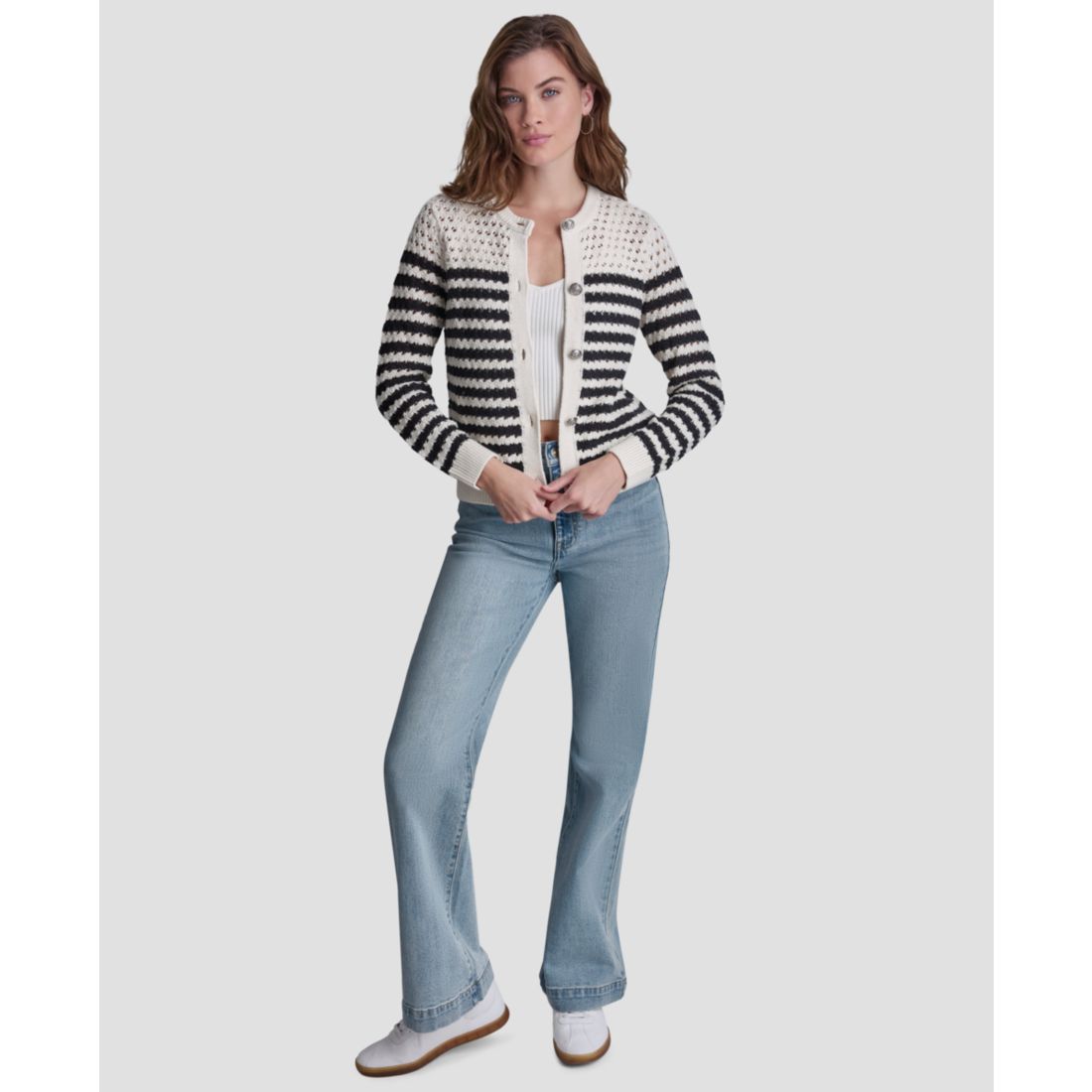 Dkny Jeans Petite Long-Sleeve Stripe Pointelle Stitch Cardigan