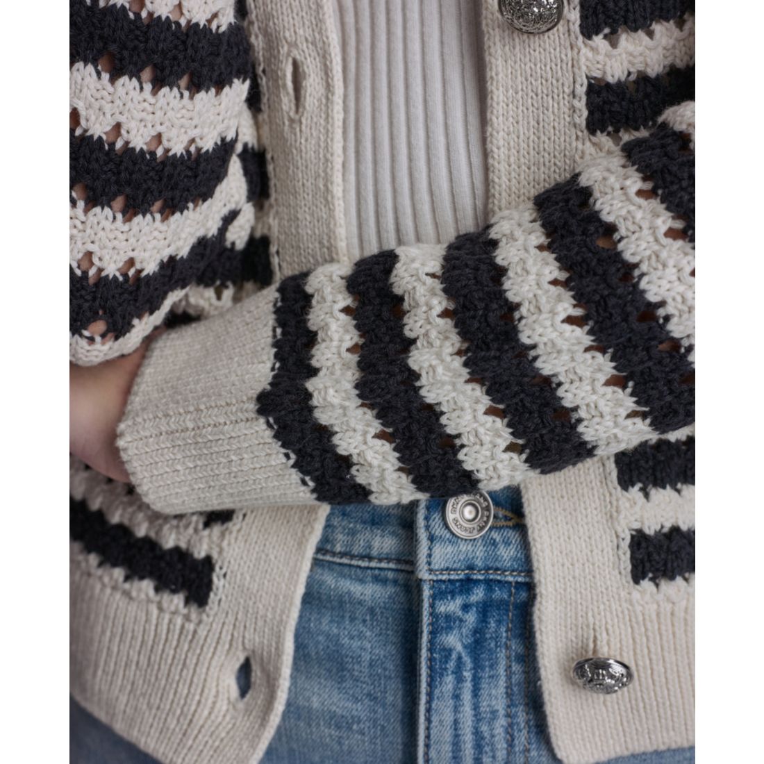Dkny Jeans Petite Long-Sleeve Stripe Pointelle Stitch Cardigan