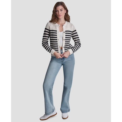 Dkny Jeans Petite Long-Sleeve Stripe Pointelle Stitch Cardigan