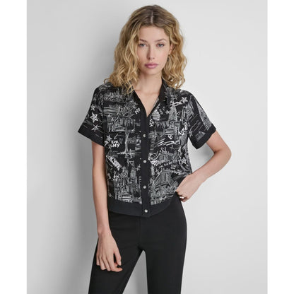 Dkny Women's Printed Short-Sleeve Camp Shirt
