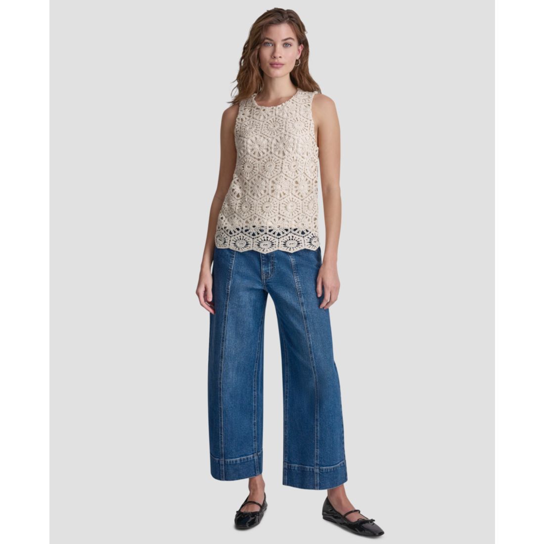Dkny Jeans Petite Crochet Crewneck Knit Tank Top