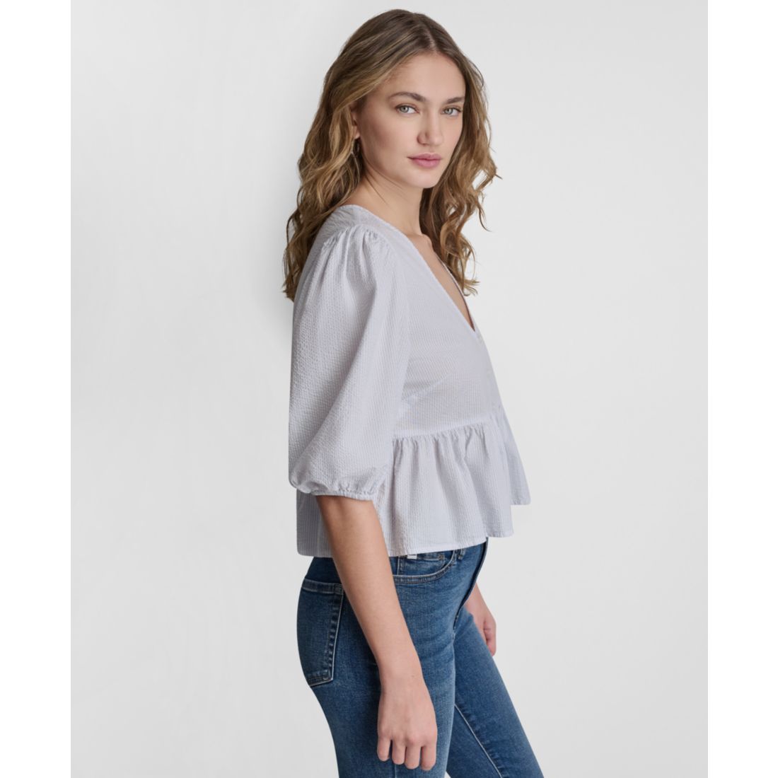 Dkny Jeans Petite Puff-Sleeve V-Neck Top