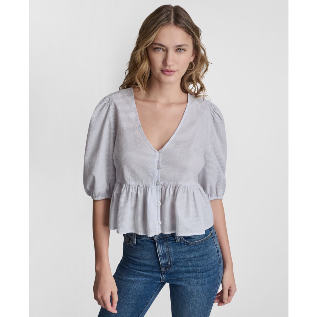 Dkny Jeans Petite Puff-Sleeve V-Neck Top