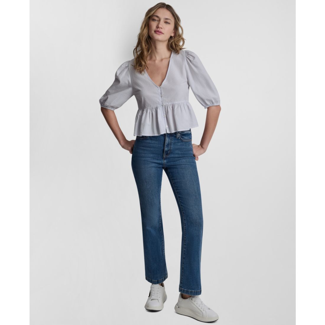 Dkny Jeans Petite Puff-Sleeve V-Neck Top