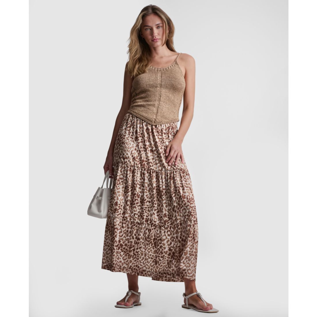 Dkny Jeans Women's Printed Elastic Waist Tiered Satin Skirt