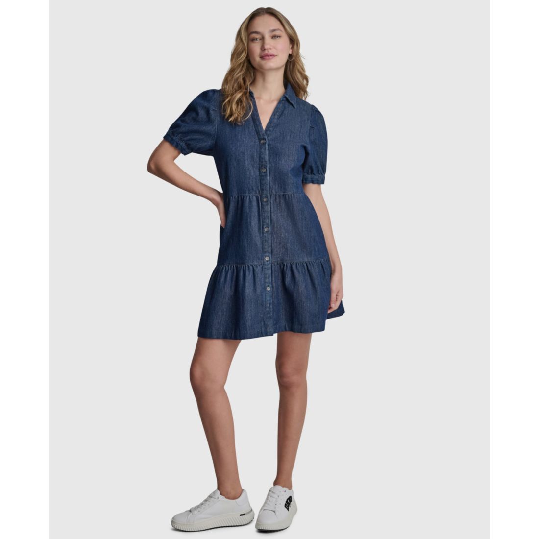 Dkny Jeans Women's Tiered Puff-Sleeve Collared Denim Cotton Mini Shirt Dress