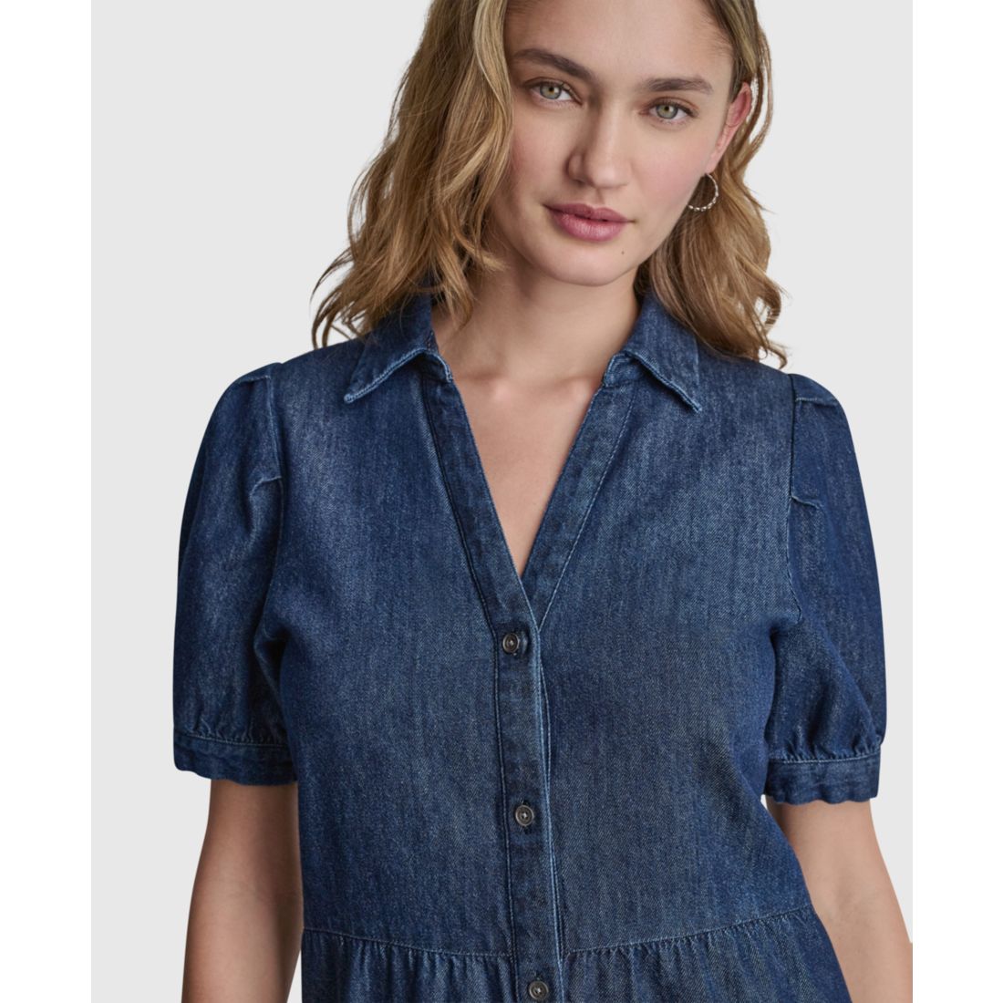 Dkny Jeans Women's Tiered Puff-Sleeve Collared Denim Cotton Mini Shirt Dress