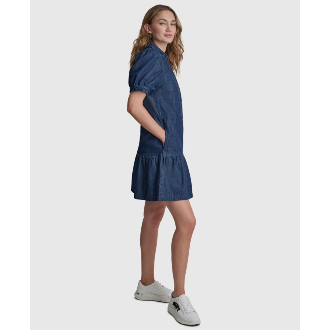 Dkny Jeans Women's Tiered Puff-Sleeve Collared Denim Cotton Mini Shirt Dress