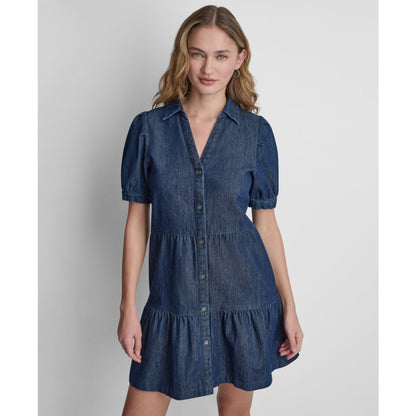 Dkny Jeans Women's Tiered Puff-Sleeve Collared Denim Cotton Mini Shirt Dress