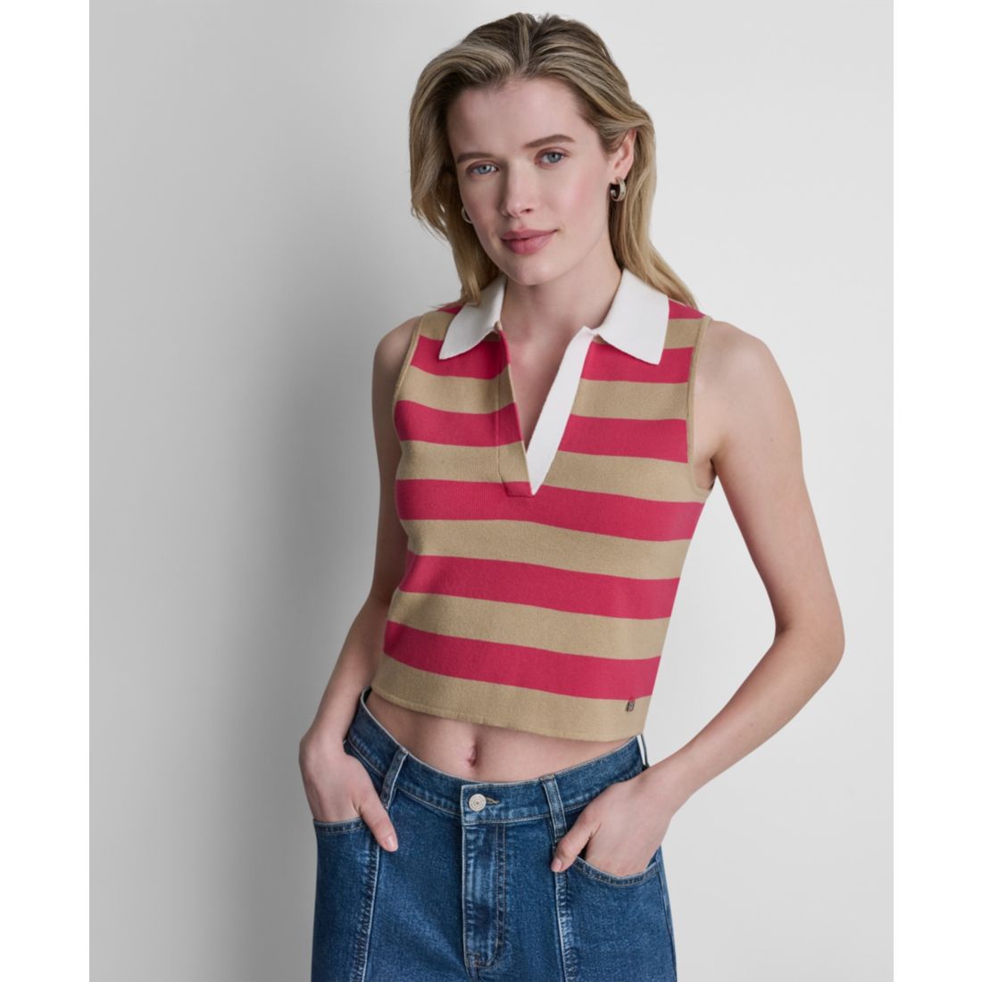 Dkny Jeans Women's Striped Sleeveless Polo Sweater