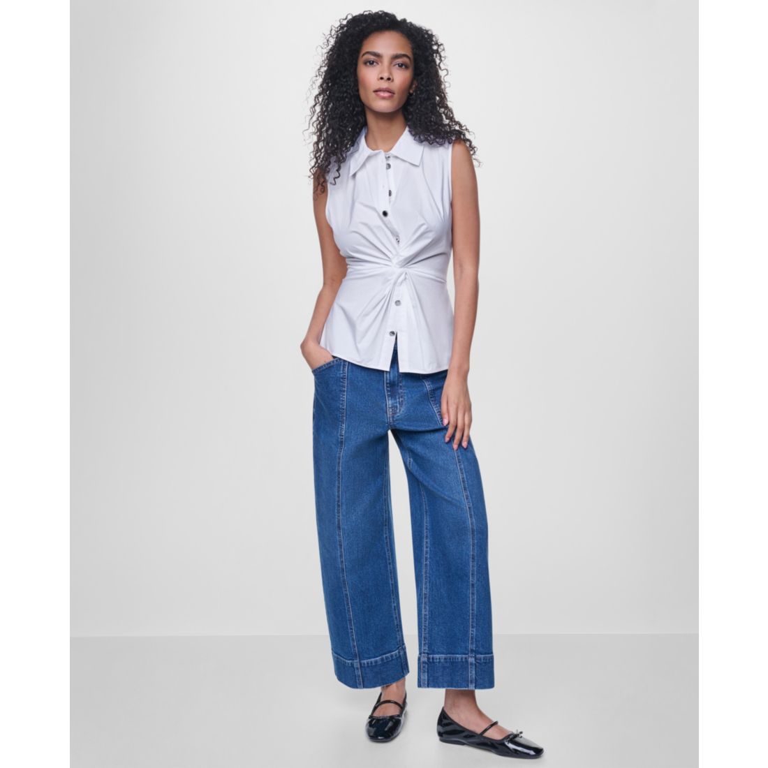 Dkny Jeans Women's Sleeveless Collared Twist Front Button-Up Shirt