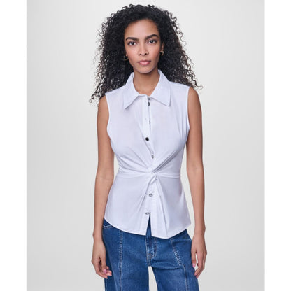 Dkny Jeans Women's Sleeveless Collared Twist Front Button-Up Shirt