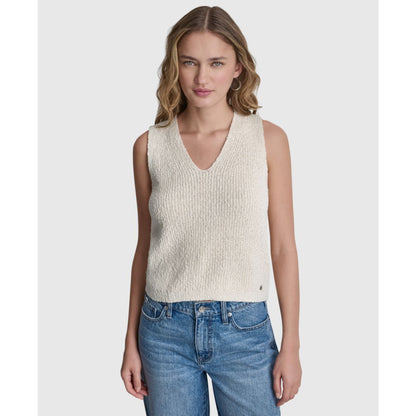 Dkny Jeans Women's Sleeveless V-Neck Rib Logo Charm Cotton Slub Sweater