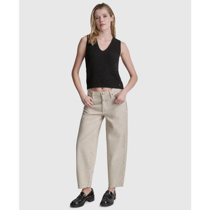 Dkny Jeans Women's Sleeveless V-Neck Rib Logo Charm Cotton Slub Sweater