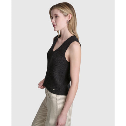 Dkny Jeans Women's Sleeveless V-Neck Rib Logo Charm Cotton Slub Sweater