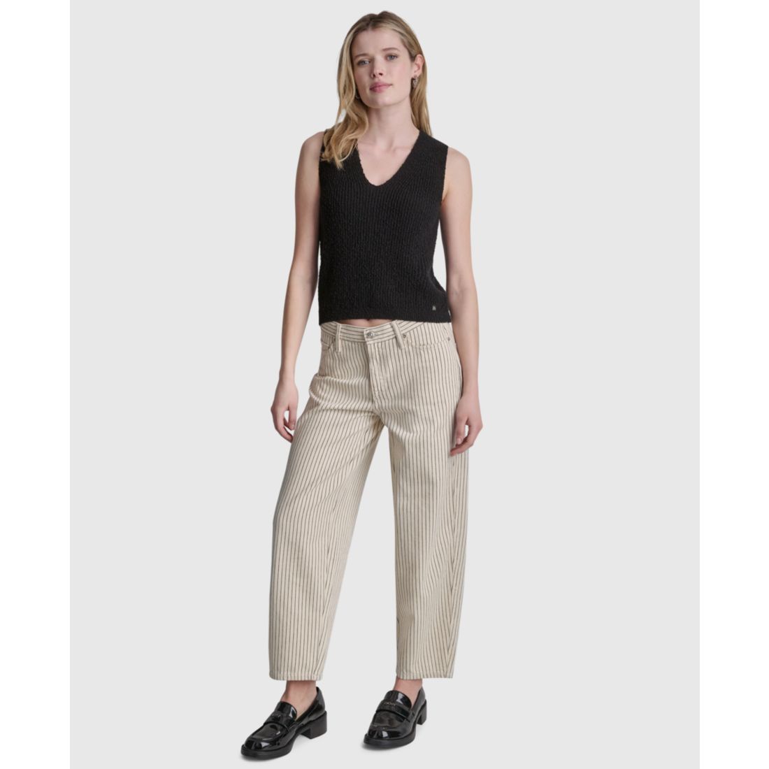 Dkny Jeans Women's Mid-Rise Striped Baby Barrel-Leg Jeans