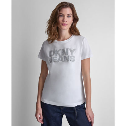 Dkny Jeans Women's Stacked Rhinestone Dome Stud Logo Crewneck T-Shirt