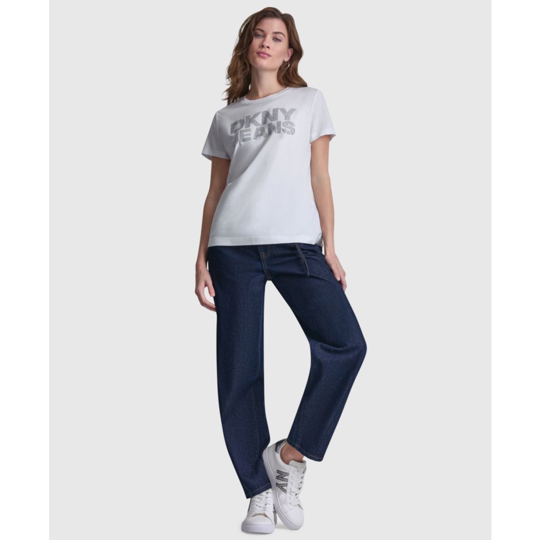 Dkny Jeans Women's Stacked Rhinestone Dome Stud Logo Crewneck T-Shirt