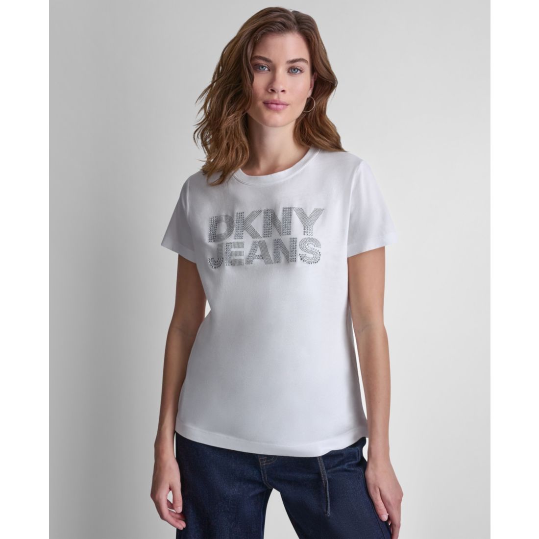 Dkny Jeans Women's Stacked Rhinestone Dome Stud Logo Crewneck T-Shirt