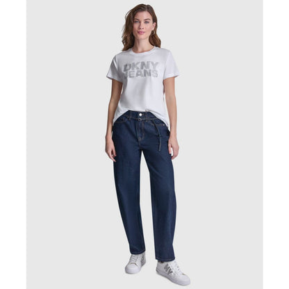Dkny Jeans Women's Stacked Rhinestone Dome Stud Logo Crewneck T-Shirt