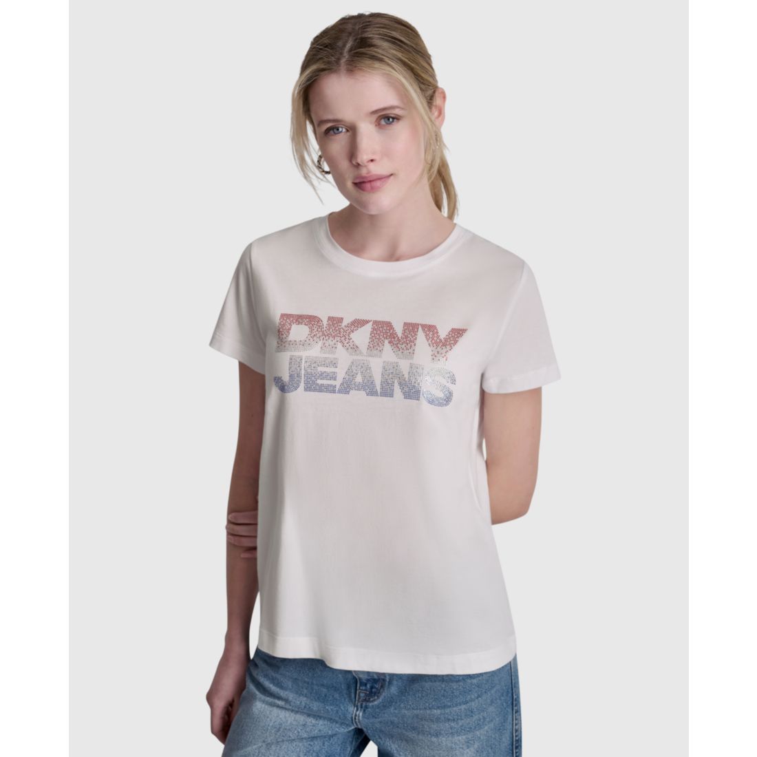 Dkny Jeans Women's Stacked Ombre Mini Rhinestone Logo Crewneck T-Shirt
