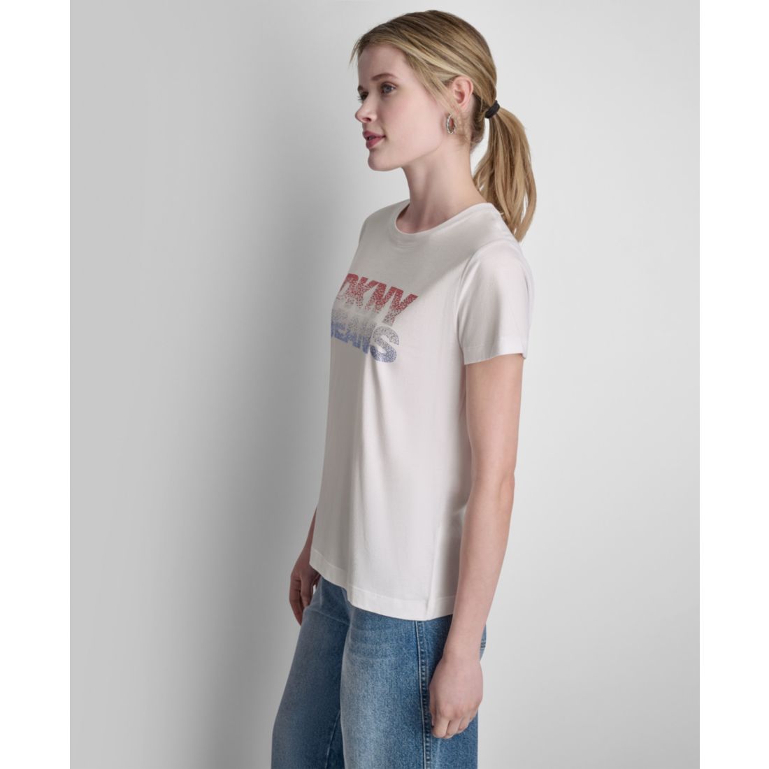 Dkny Jeans Women's Stacked Ombre Mini Rhinestone Logo Crewneck T-Shirt