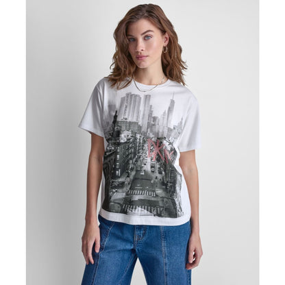 Dkny Jeans Women's New York Stacked Two-Tone Sequin Logo Crewneck T-Shirt