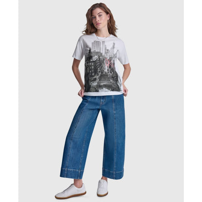 Dkny Jeans Women's New York Stacked Two-Tone Sequin Logo Crewneck T-Shirt