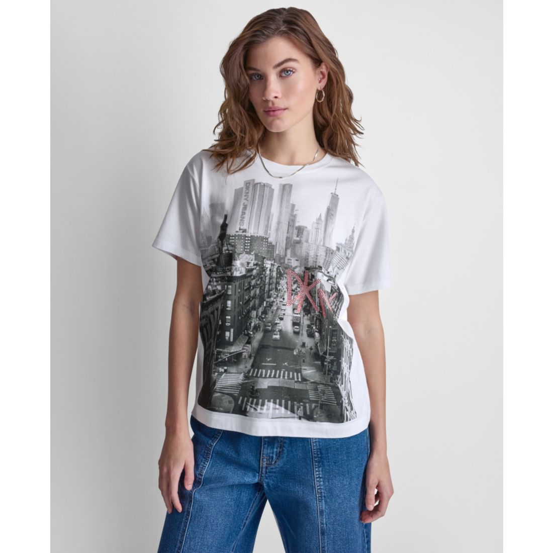 Dkny Jeans Women's New York Stacked Two-Tone Sequin Logo Crewneck T-Shirt