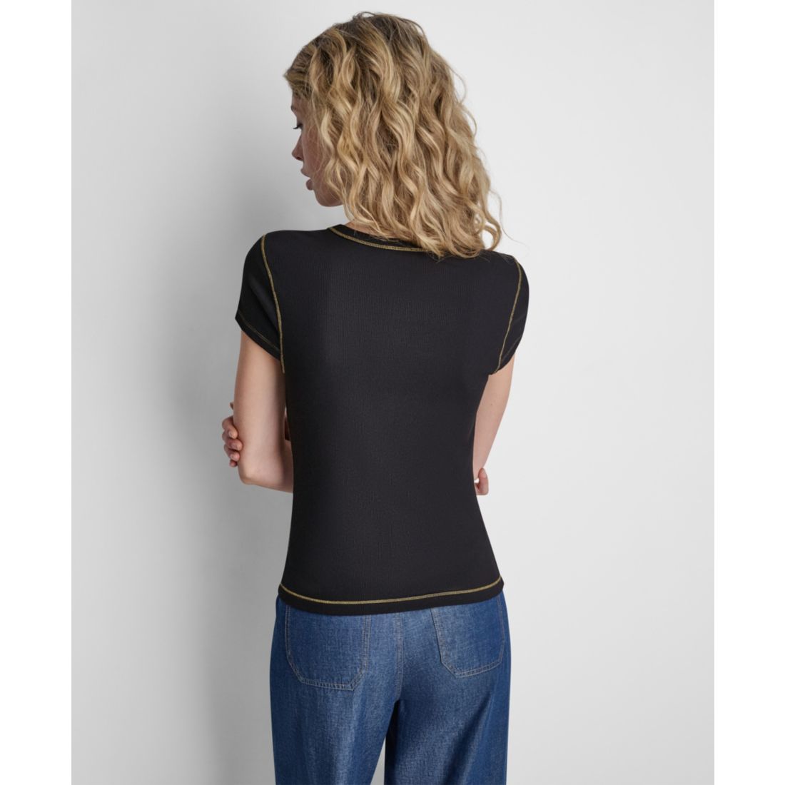 Dkny Women's Crewneck Contrast Stitch Top
