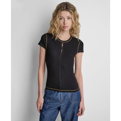 Dkny Women's Crewneck Contrast Stitch Top