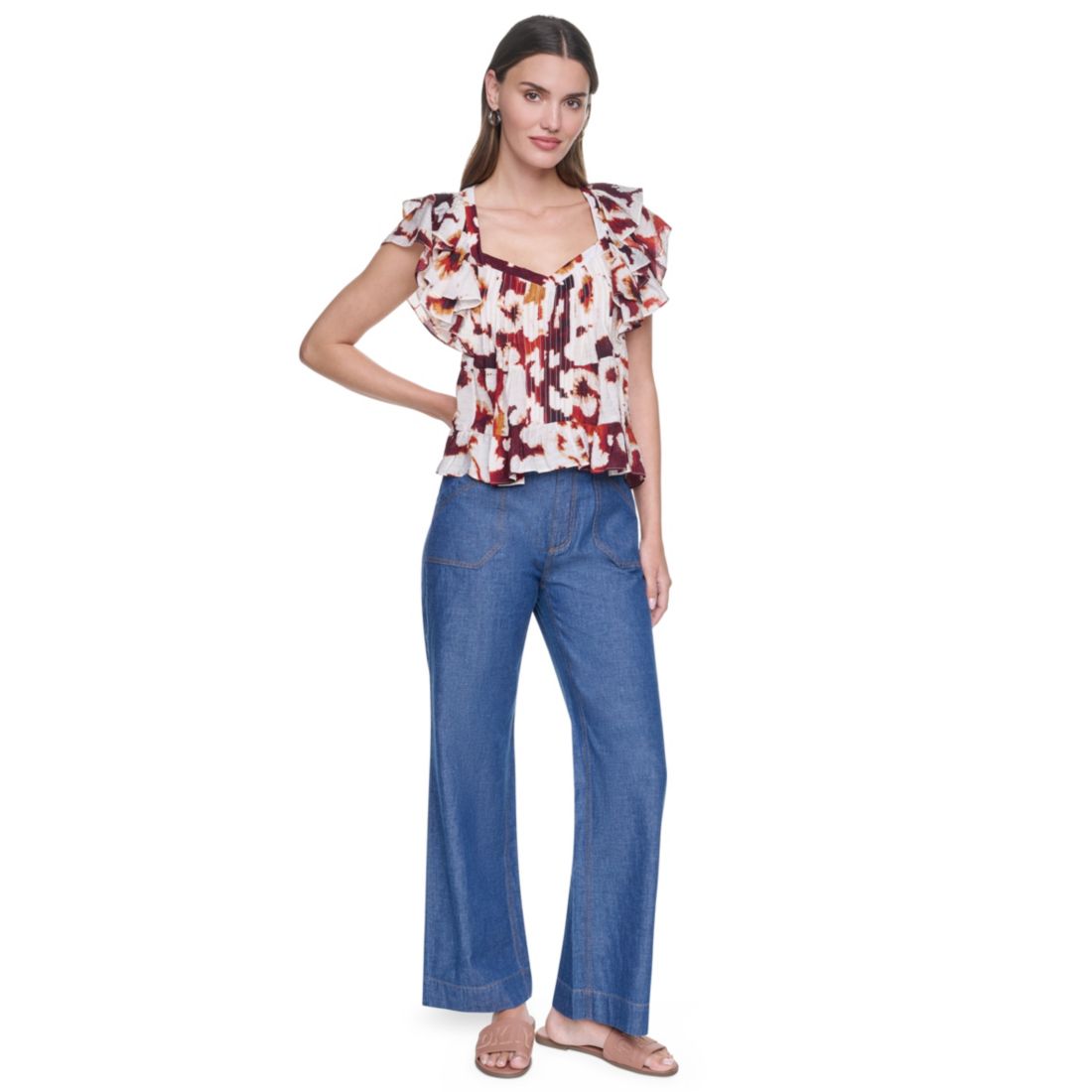 Dkny Women's Printed Flutter-Sleeve Pleated Blouse