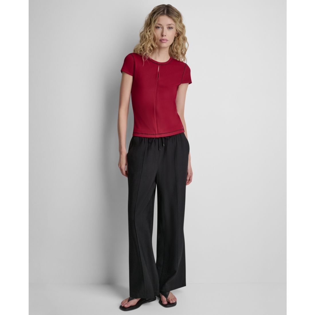 Dkny Women's Crewneck Contrast Stitch Top