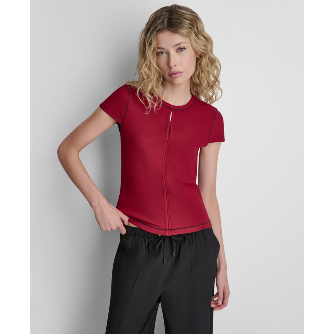 Dkny Women's Crewneck Contrast Stitch Top